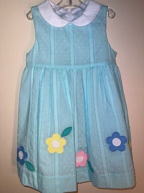 Florence Eiseman Aqua Blue Dotted Swiss Peter Pan Collar Flower Appliqué Dress
